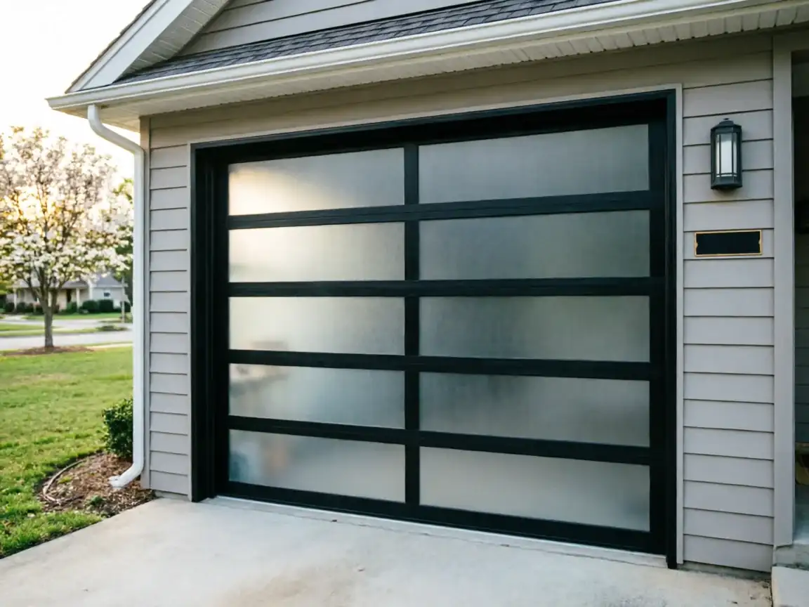 The modern garage door has black frames and frosted glass panels.