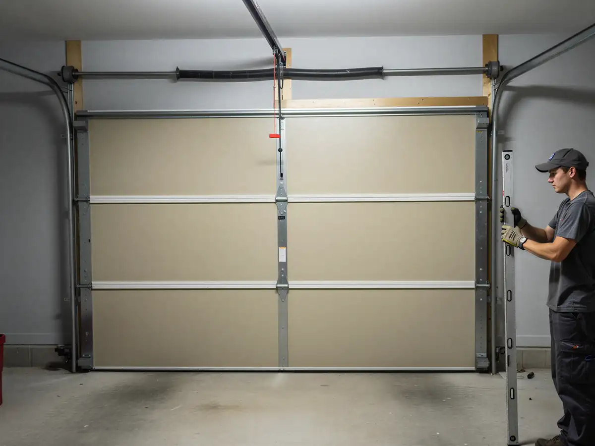 A technician uses a level to adjust a beige garage door.