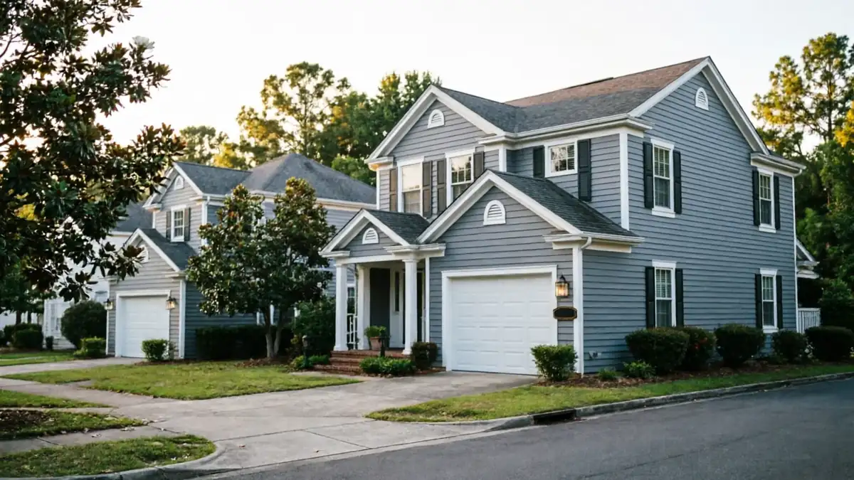A gray house with a white garage door is visible from the street.