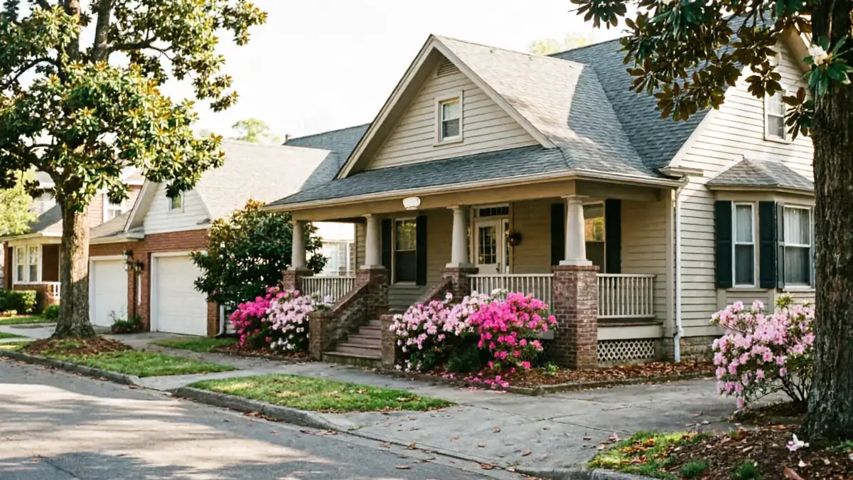 A beige house with a porch and a two-car garage is visible from the street.