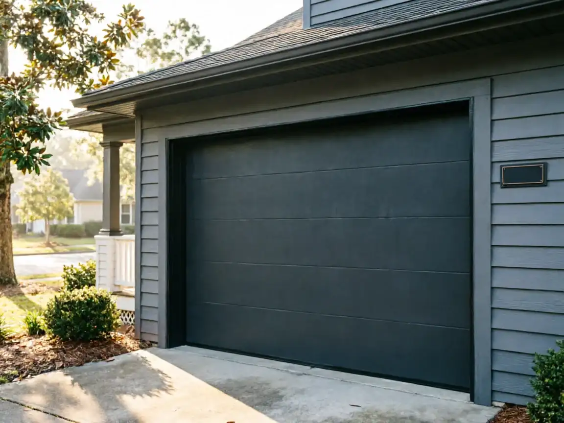 A dark gray garage door is on a gray house with a tree and bushes.
