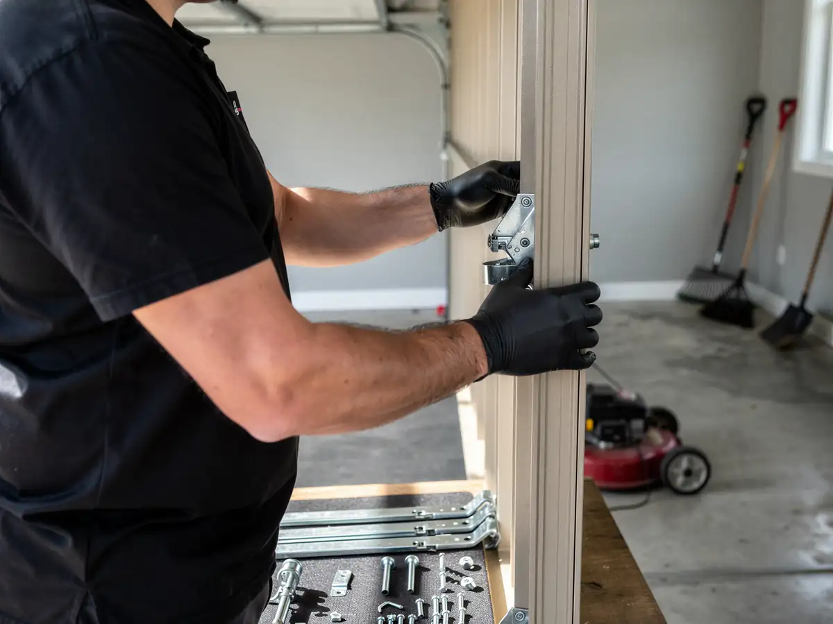 A technician wearing black gloves installs a hinge on a tan garage door panel.
